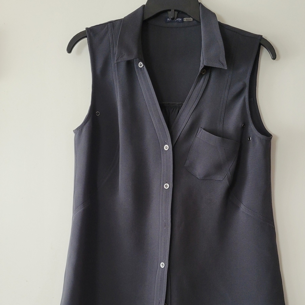 Magaschoni Collection Sleeveless Elegant Collar shirt Top 100% silk Gray sz 8.
